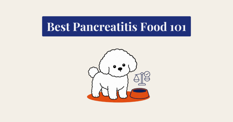A minimalist cartoon illustration of a white Bichon Frise dog standing on an orange oval mat. To its right is a navy blue line-art icon of a balance scale with a checkmark, positioned above a navy blue and white dog bowl. The background is cream.