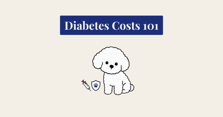 A minimalist vector illustration of a seated white Bichon Frise dog against a light cream background. To the lower right are two line-art icons: a dark blue shield with a paw print, and a dark blue medical syringe.