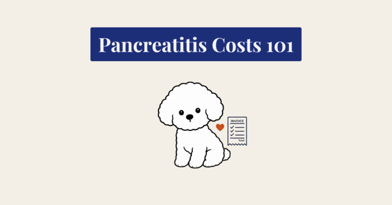 A minimalist vector cartoon illustration of a seated white Bichon Frise dog on a light cream background. To the right of the dog is a small, dark blue line-art icon of a receipt with the word 'INVOICE' at the top, a list of three items, and the word 'Total' at the bottom. A small, solid orange-red heart icon is positioned between the dog and the invoice.