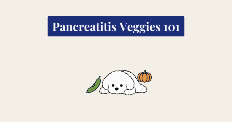 A clean, minimalist vector-style illustration on a light cream background, featuring a cute, fluffy white puppy (Bichon Frise type) lying down and facing the viewer. To its left is a green bean pod icon, and to its right is a small orange pumpkin icon.