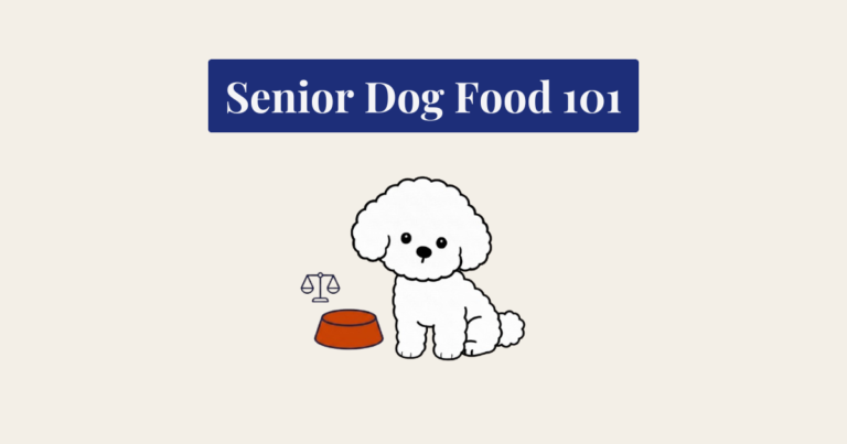 A minimalist vector illustration of a seated white Bichon Frise dog against a light cream background. To the lower right of the dog is a burnt-orange-filled food bowl with a dark navy blue outline, and above the bowl is a matching dark navy blue line-art icon of a traditional balance scale.