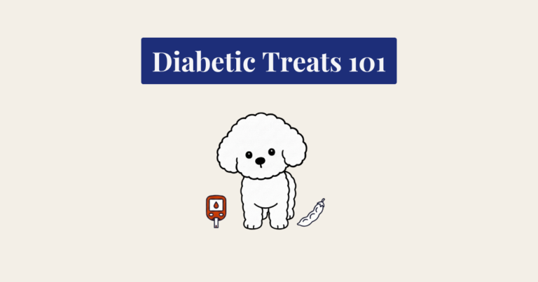 A minimalist vector illustration of a fluffy white Bichon Frise dog standing and facing forward against a light cream background. To the lower left of the dog is an icon of a red blood glucose meter with a test strip. To the lower right is an icon of a green bean pod.