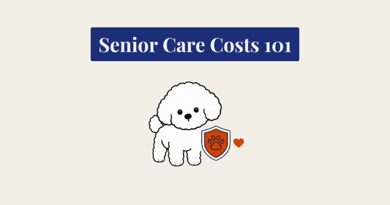 Minimalist cartoon illustration of a fluffy white Bichon Frise dog, facing forward. To its right is an orange shield with a dark outline and a stylized dark paw print, followed by a small, solid orange heart. The background is light and textured.